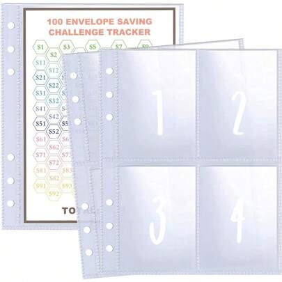 QY 25 Pcs 4 Pocket 100 Envelopes Money Saving Challenge Sleeves And Tracker Sheet Protector Fit For 6 Ring A5 Binder PrePrinted 1100 Numbers Money Pockets Refill Pages Top Loading Currency Pages 5837