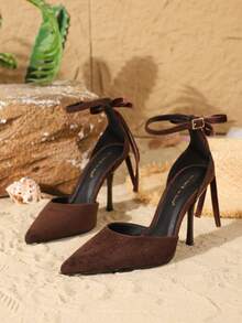 On feet& in love Women's Elegant Velvet High Heel Pumps With Bow, French Pointed Toe Hollow Out Stilettos, Suitable For Dresses,Burgundy Heels - Brown - View 5