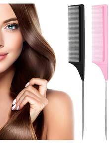 鼠尾梳 碳纤维耐热挑逗梳 带金属梳子 造型分缝 轻便分缝 细齿梳 适合女士女孩 10/5/3/1 件 - 彩色 - 查看 2