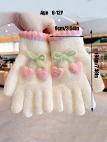 1 Pair Kids Winter Full Finger Gloves, Girls Warm Thermal Lined Thick Windproof Knitted Mittens For Outdoor Snow Play, Suitable For 6-12 Years Old - Cherry Full Finger Gloves - View 3