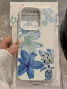 1 pieza Funda de teléfono con textura blanco, diseño minimalista de tortuga marina azul y patrón floral, compatible con iPhone 16 Pro Max, 15/14 Plus, 13, 12, 11, resistente al agua, a los golpes y a los arañazos