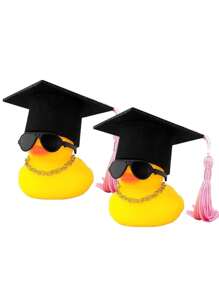 2pcs Stylish Yellow Duck With Black Hat And Bow-Silicone Car Dashboard Decoration Accessories, Couple Duck Car Decoration, Yellow Duck Decoration-Unique Gifts For Graduates, Car Ornaments, Car Interiors