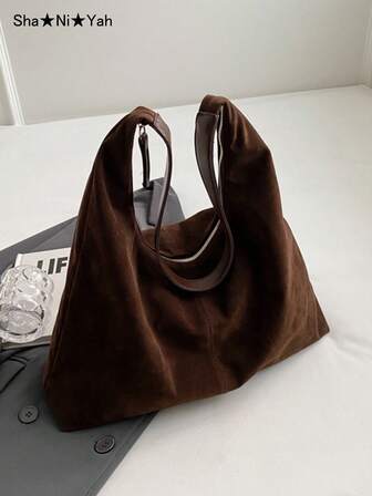 复古天鹅绒大容量休闲单肩托特包，拼布拼色托特包，优雅百搭通勤包，女士