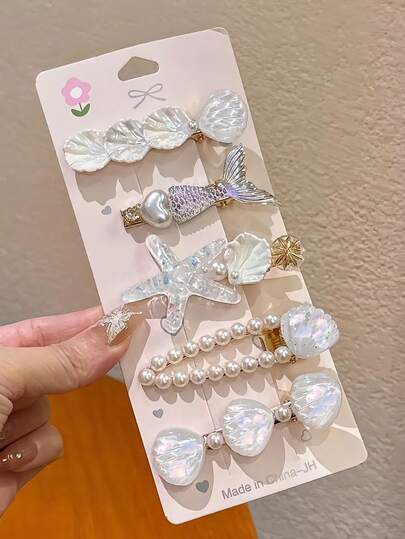 5 chiếc kẹp tóc nữ thanh lịch, đơn giản, tươi tắn hình đuôi nàng tiên cá, sao biển, vỏ sò, ngọc trai, trái tim, phù hợp cho sử dụng hàng ngày, đi học, đi biển, đi làm, dự tiệc, kỳ nghỉ, quà sinh nhật, kẹp tóc càng cua, kẹp tóc cài đầu, đồ dùng học tập, phụ kiện tóc ngọc trai, ghim cài tóc, quà tặng Ngày của Mẹ