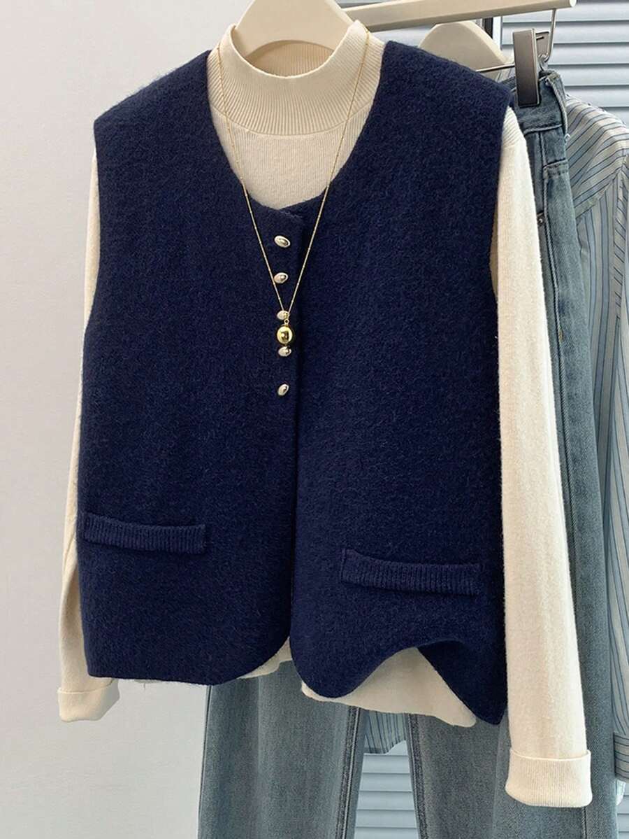 Women's Navy Knit Waistcoat - French Chic Button Front Vest With Pocket, Soft Stretch For Layering