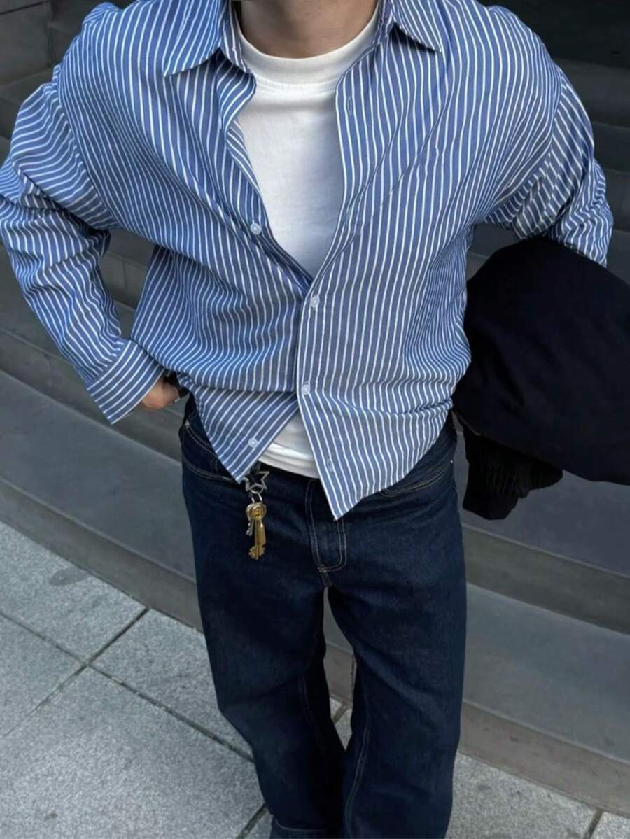 Men's Contrast Stripe Single-Breasted Casual Shirt, Suitable For Spring And Autumn, Can Be Paired With Jeans, Casual Pants, T-Shirts, Suitable For Daily Outings, Commuting, Holiday Gifts, And Various Occasions, Fall