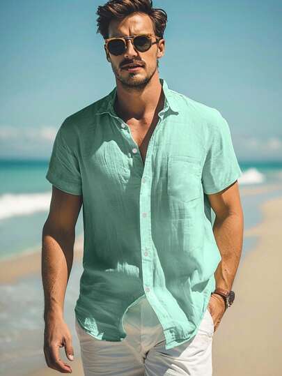 Camisa casual de unicolor para hombre, chaqueta-camisa de manga corta de moda, verde menta, camisa de playa de resort hawaiano
