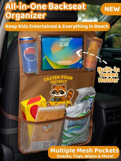 1 Pack Car Seat Organizer For Kids Toddlers, Back Seat Storage Bag With Tablet Holder, Kick Mat Seat Back Protector, Cartoon Raccoon Travel Essentials, Mesh Pockets For Snacks Toys Wipes