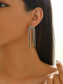 1 Pair Elegant Luxury Bling Bling Metal Copper Material Inlaid Glass Rhinestone Tassel Dangle Earrings, Suitable For Women, Charming Earrings