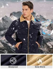 Men's Winter Jacket Lined Sherpa Jacket Warm Trucker Coat Multi Pocket - Màu xanh hải quân - Xem 2