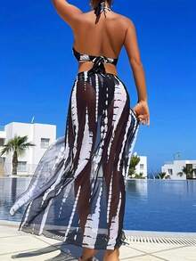 Women's Sexy Swimsuit 3 Piece Thong Bikini Set Triangle Halter Bathing Suit Sheer Mesh Beach Cover Up Maxi Dress - 黑色 - 查看 2