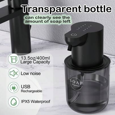 自动皂液器，浴室皂液器套装，自动酒精皂液器，新年版自动泡沫皂液器 - USB 充电，400 毫升大容量，壁挂式和台面式均可使用，无铅 ABS 塑料材质，适用于家庭、酒店、学校和公共场所的浴室和厨房。万圣节和圣诞节的完美礼物！