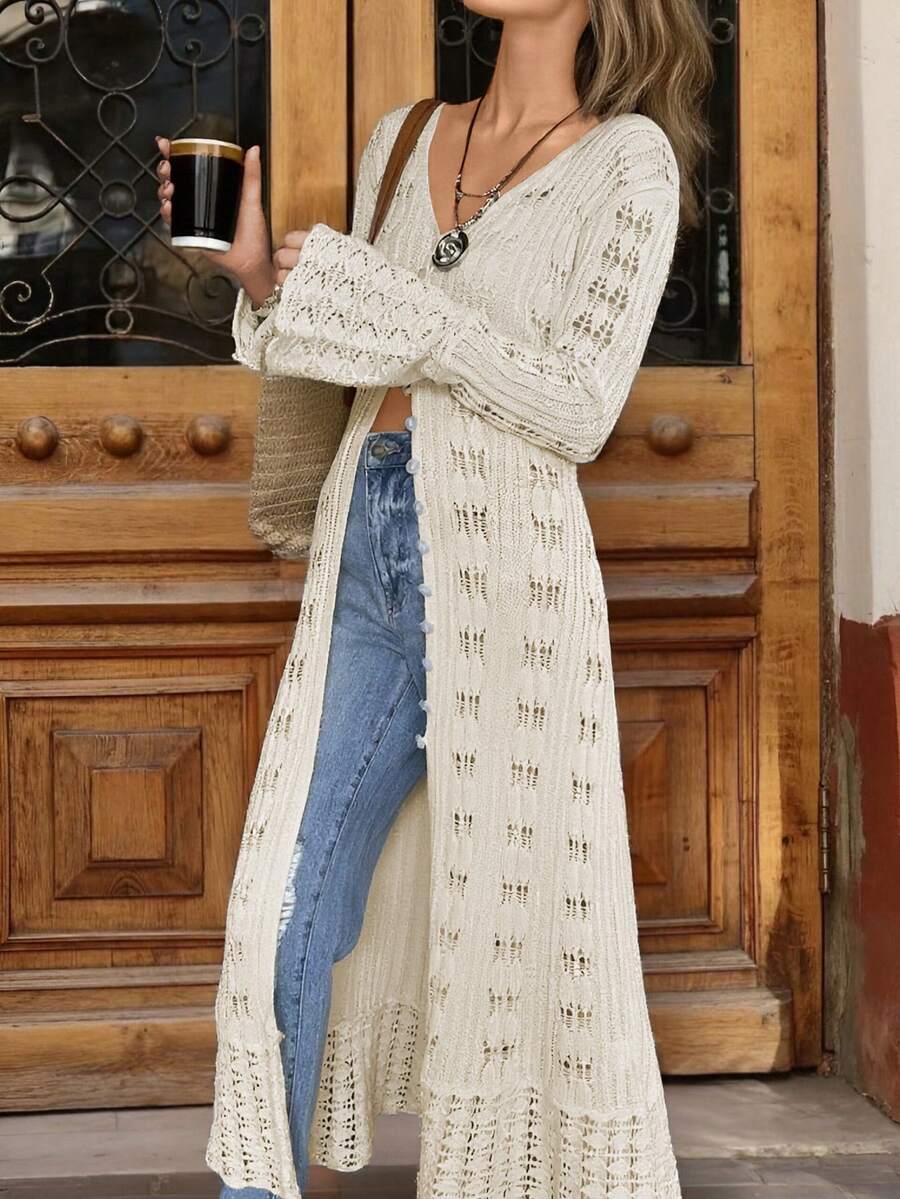 Women's New Style Casual Fashionable V-Neck Button Down Asymmetrical Ruffle Slit Hem Sexy Tight Party Dress, Exquisite And Elegant Trumpet Long Sleeves Movable Placket Crochet Hollow Back To School Long Knit Top, Spring Summer Fall Winter - Beige - View 1