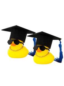 2pcs Stylish Yellow Duck With Black Hat And Bow-Silicone Car Dashboard Decoration Accessories, Couple Duck Car Decoration, Yellow Duck Decoration-Unique Gifts For Graduates, Car Ornaments, Car Interiors