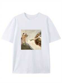 ¿Adam Cat? Camiseta de patrón creativo de gato divertido, camiseta de algodón puro de verano con estampado humorístico, estilo casual diario de manga corta - Blanco - Ver 1