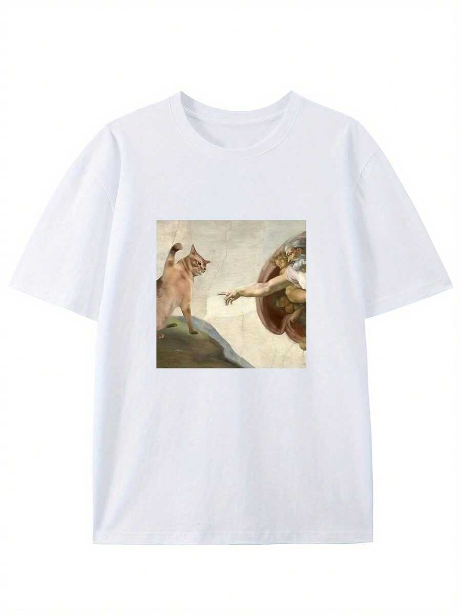 ¿Adam Cat? Camiseta de patrón creativo de gato divertido, camiseta de algodón puro de verano con estampado humorístico, estilo casual diario de manga corta - Blanco - Ver 1
