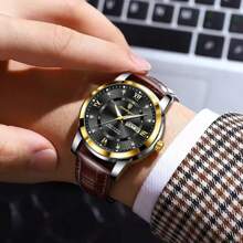 正品 POEDAGAR 手表（原装）顶级奢华男士手表 50 防水日期星期防水夜光皮革男士手表休闲男士手表运动男士石英表日本进口石英机芯返校必备礼物父亲兄弟