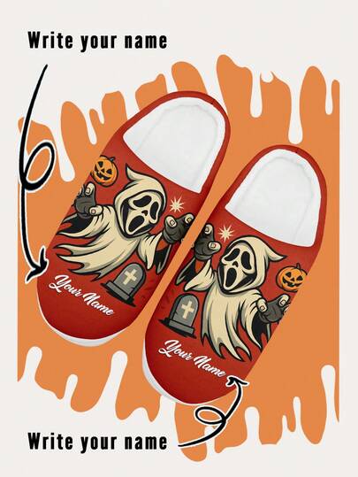 Halloween Women's Custom Photo And Name Home Slippers. Personalized Pumpkin Indoor Slippers. Cozy Warm Plush Shoes For Home Use, Funny Halloween Gift For Mom/Dad/Her/Him/Girlfriend/Boyfriend/Wife/Husband/Friend, Unique Halloween Decor Footwear
