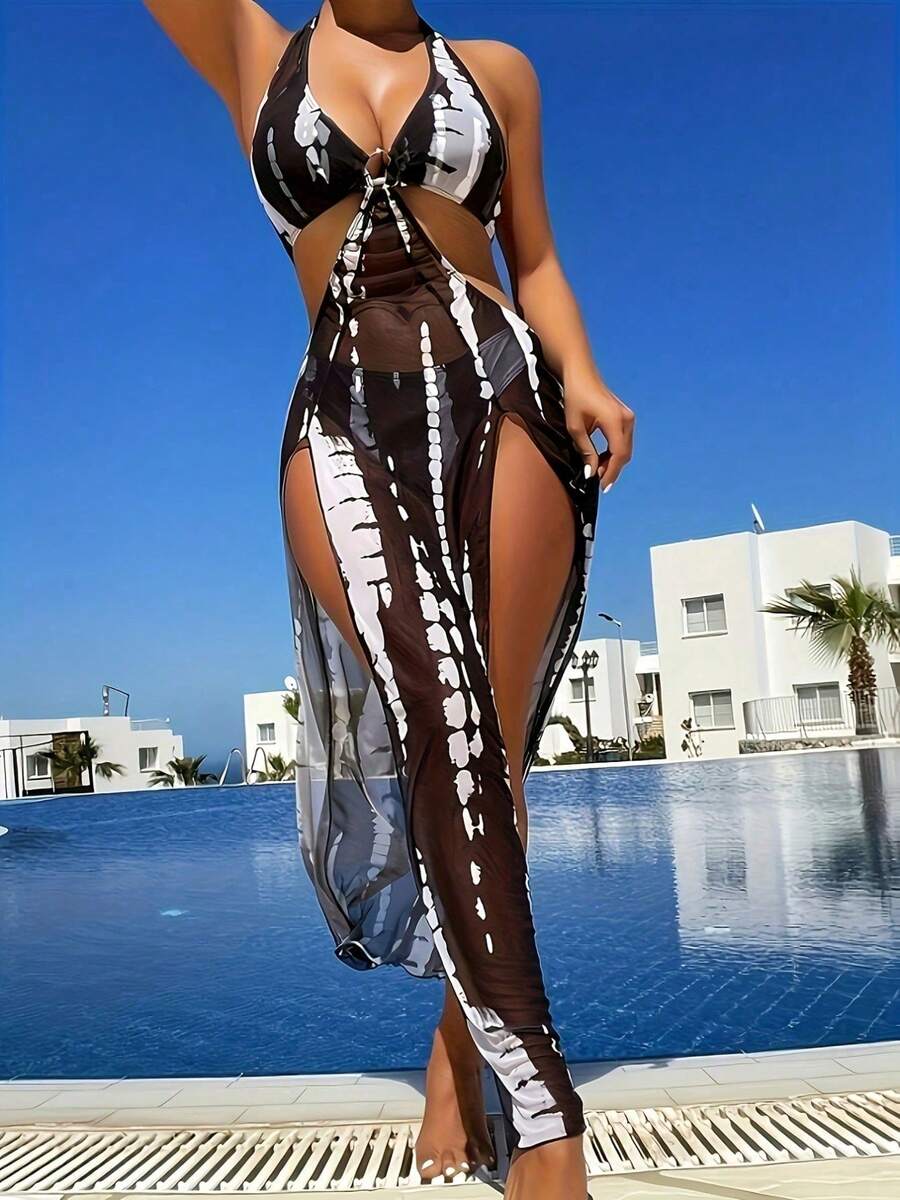 Women's Sexy Swimsuit 3 Piece Thong Bikini Set Triangle Halter Bathing Suit Sheer Mesh Beach Cover Up Maxi Dress - 黑色 - 查看 1