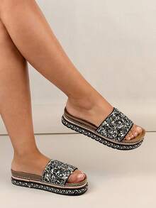 Shiny Platform Wedge Slippers, Elegance Strap Increased Height Sandals - Black - View 3