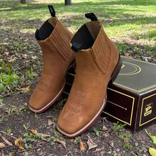 Botin Vaquero De Piel Nubuck Camel Suela De Cuero Para Hombre Bota De Piel Cafe Cowboy Playa Boda Fiesta Exterior Botas De Cuero Botines Cafe Miel - Camel - Ver 3