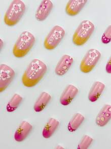 立即提升您的外观，24 件/套短椭圆形红色和黄色法国花朵按压式指甲套装，适合辣妹、办公室女性、派对、约会和日常穿着和派对使用按压式指甲美甲用品指甲 - 彩色 - 查看 4