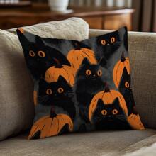 1 Stück/2 Stück Halloween Katzen- & Kürbis-Muster Polyester Kissenbezug [ohne Kissenfüllung], 45 x 45 cm/50 x 50 cm, [einseitiger Muster] Halloween Schwarze Katzen Kürbisse Dekorative Kissenbezüge für Sofa, Bett, Wohnzimmer, Schlafzimmer, Auto, Büro, Hotel, ganzjährig, perfektes Geschenk für Familie und Freunde