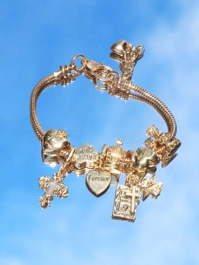 1pc Y2K Charm Bracelet, 1pc Cross Charm Bracelet, Retro Streetwear Fashion Bracelet, 1pc Cross & Heart Charm Bracelet, Glow-In-The-Dark Bracelet