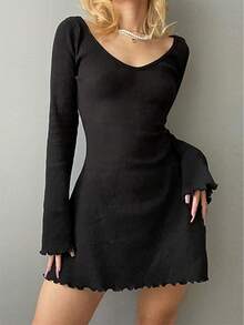 1pc Solid Color Casual Knit Fabric Frill Trim Off The Shoulder Dress, Suitable For Spring/Autumn Date Night - Black - View 4