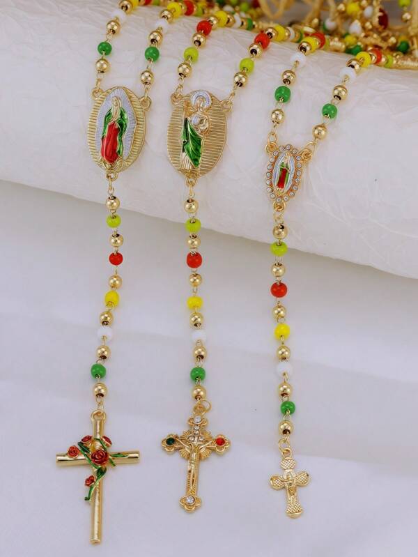 1Pc Pendant Cross Virgin Mary St. Jude Simple Vintage Colored Terracotta Beads Fashion Bohemian Style Y-Necklace