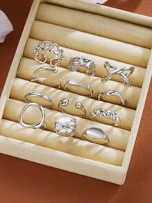 Set de 12/7 piezas de anillos de joyería gruesos y geométricos de estilo vintage con flores de metal simple, adecuados para vacaciones, playa, citas, uso casual diario y fiestas