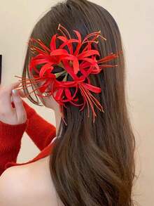 1个优雅波西米亚风宇宙花发夹，甜美仿花侧边发夹，散发复古气息，适合拍照，搭配女士海滩度假装扮，发饰 - 大紅色 - 查看 3