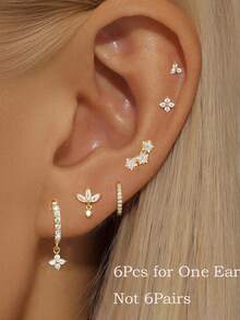 6 件经典 CZ 四瓣花吊坠环耳钉可堆叠耳环女士，小锆石 18K 镀金耳环堆叠女士女孩度假派对珠宝配饰 - 6Pcs for One Ear - 查看 1
