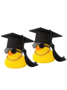 2pcs Stylish Yellow Duck With Black Hat And Bow-Silicone Car Dashboard Decoration Accessories, Couple Duck Car Decoration, Yellow Duck Decoration-Unique Gifts For Graduates, Car Ornaments, Car Interiors