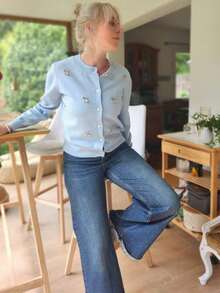 女士秋冬休闲刺绣樱花图案开衫 - 藍色 - 查看 7