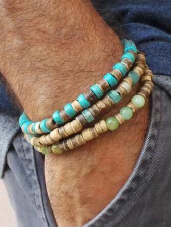 3 件/套天然石和木片椰子壳弹性串珠手链套装，复古情侣沙滩手链