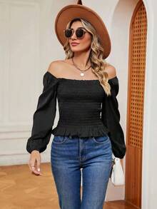 Nuevo estilo de primavera y verano con hombros abiertos y hojas de loto para adelgazar a las mujeres con blusas de manga larga - Negro - Ver 3