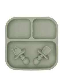 PopLittleOne 3PCS Baby Silicone Tableware Set Suction Square Plate Mini Spoon Fork Solid Color Dinner Set Children Unteils Soft Plate For Boy Girl - Multicolor - View 17