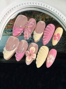 纯手工指甲法式粉色花卉3D波浪3D花朵指甲黄色指甲杏仁按压指甲10片假指甲女士女孩日常佩戴美甲用品指甲 - 黃色 - 查看 2
