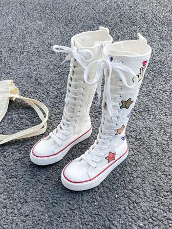 OPOEE White Canvas Shoes, Mid-Top Sneakers, Children's Canvas Shoes, Spring/Autumn Korean Style, Simple Design, Boys/Girls Shoes, Fashion Low-Top Casual Lace-Up Athletic Shoes, Classic Low-Top Canvas Shoes, Casual Sports Skateboard Children Shoes