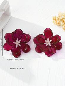 1pc Exaggerated Handmade Beaded Floral Earrings, Dimensional Camellia Flower, Burgundy, Personalized, Party, Y2K Style