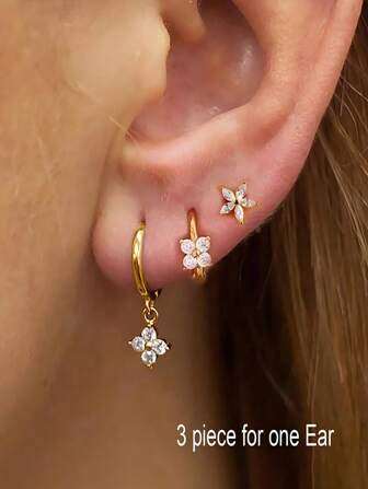 3pcs Zirconia Flower Pendant Earring Set, Suitable For Women, Minimalist Detachable Cartilage Earrings, Piercing Jewelry