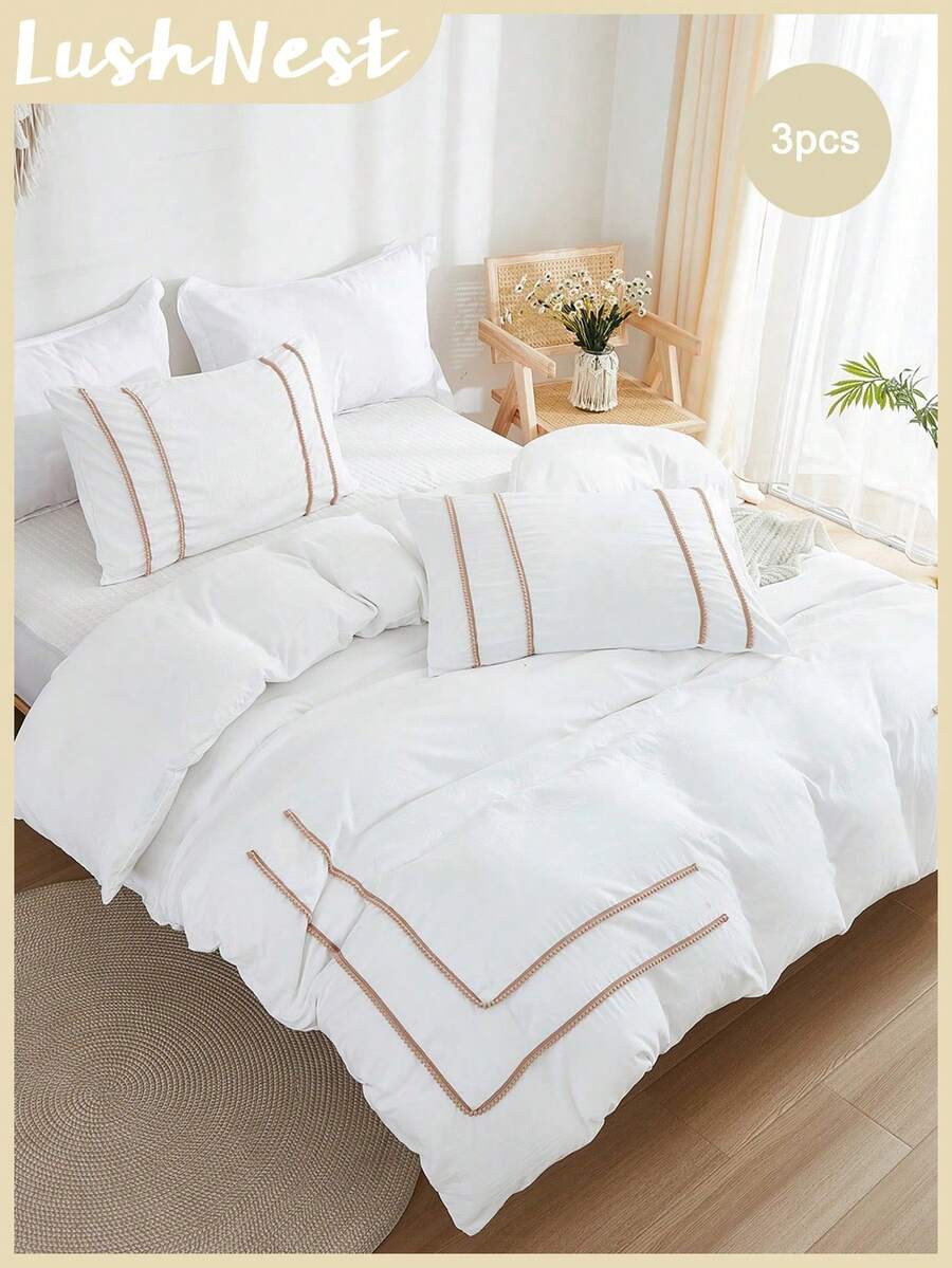 白色波西米亚风格农舍三件套被套，饰有迷你绒球，柔软超细纤维轻薄被套，材质轻薄，男女皆宜，包含 1 个被套和 2 个枕套，不含被芯。