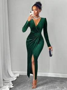 AIJ Amarilo Women's Deep V-Neck Long Sleeve Wrap Hem Velvet Dress Christmas Dresses For Women Elegant Spring - Green - View 4