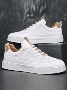 男士休闲帆布运动鞋，简约纯色系带低帮硫化鞋，透气穿孔皮革，适合校园、学生、青少年、春夏季、所有季节，防滑厚底滑板鞋