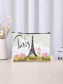 1pc Cartoon Romantic Paris Eiffel Tower Pattern Makeup Bag, Charger Storage, Gift For Friends - Multicolor - View 5