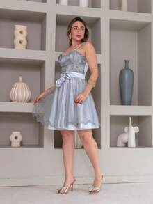 Short Party Dress With Shiny Lace Straps - Silver - View 7