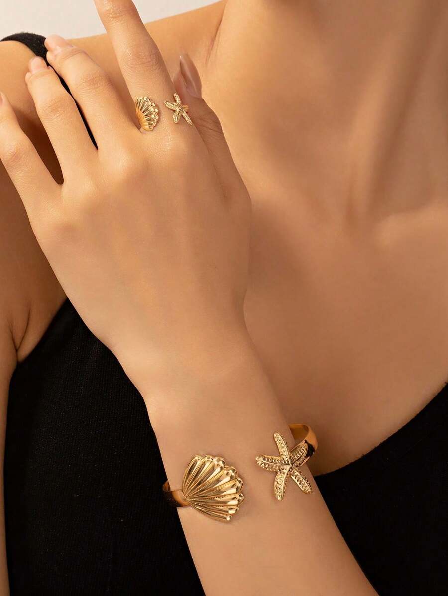 1 套时尚简约海洋风格海星和贝壳可调节手链和戒指首饰套装，适合女性度假旅行的礼物