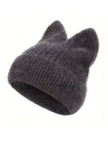 Gestrickte Mütze für Damen mit niedlichen Katzenohren, warmer Beanie, dehnbare Strickkomposition, lässige Outdoor-Mode, einfarbig, Polyester, Herbst/Winter