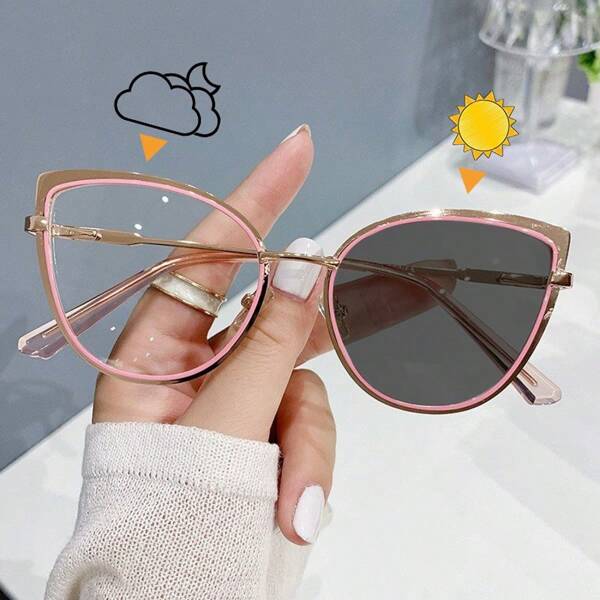 1pc Metal Cat Eye Frame Makeup-Free Fashion Glasses, Outdoor Light-Sensitive Color Changing, Indoor Clear Lens Fashion Versatile Glasses For Women Cat Eye Shape Shades